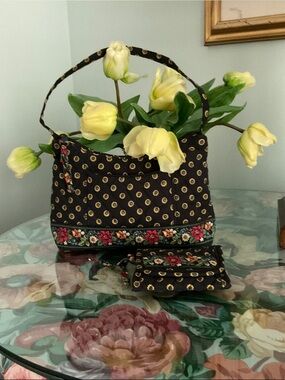 Vintage Vera Bradley Floral-Trim Black Shoulder Bag with Matching Wallet